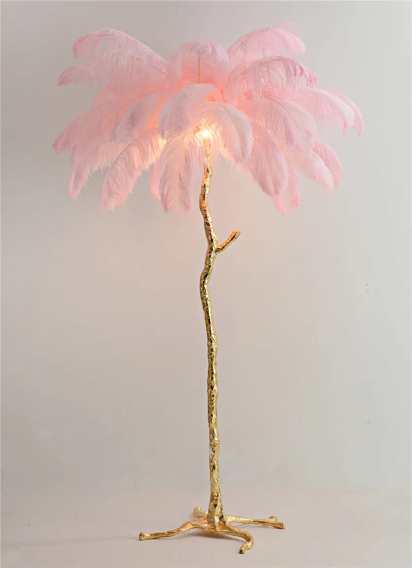 Lampadaire plumes d'autruche rose