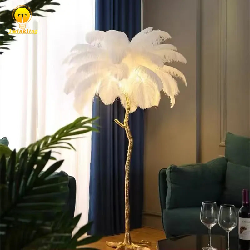 Lampadaire plumes d'autruche blanc