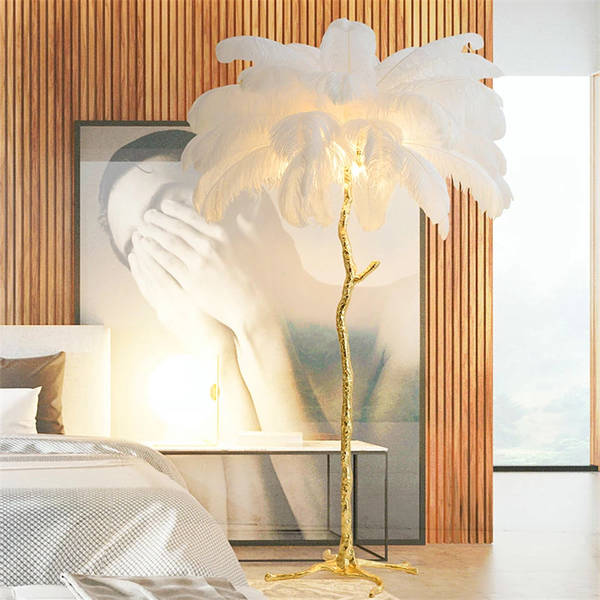 Lampadaire plumes d'autruche blanc